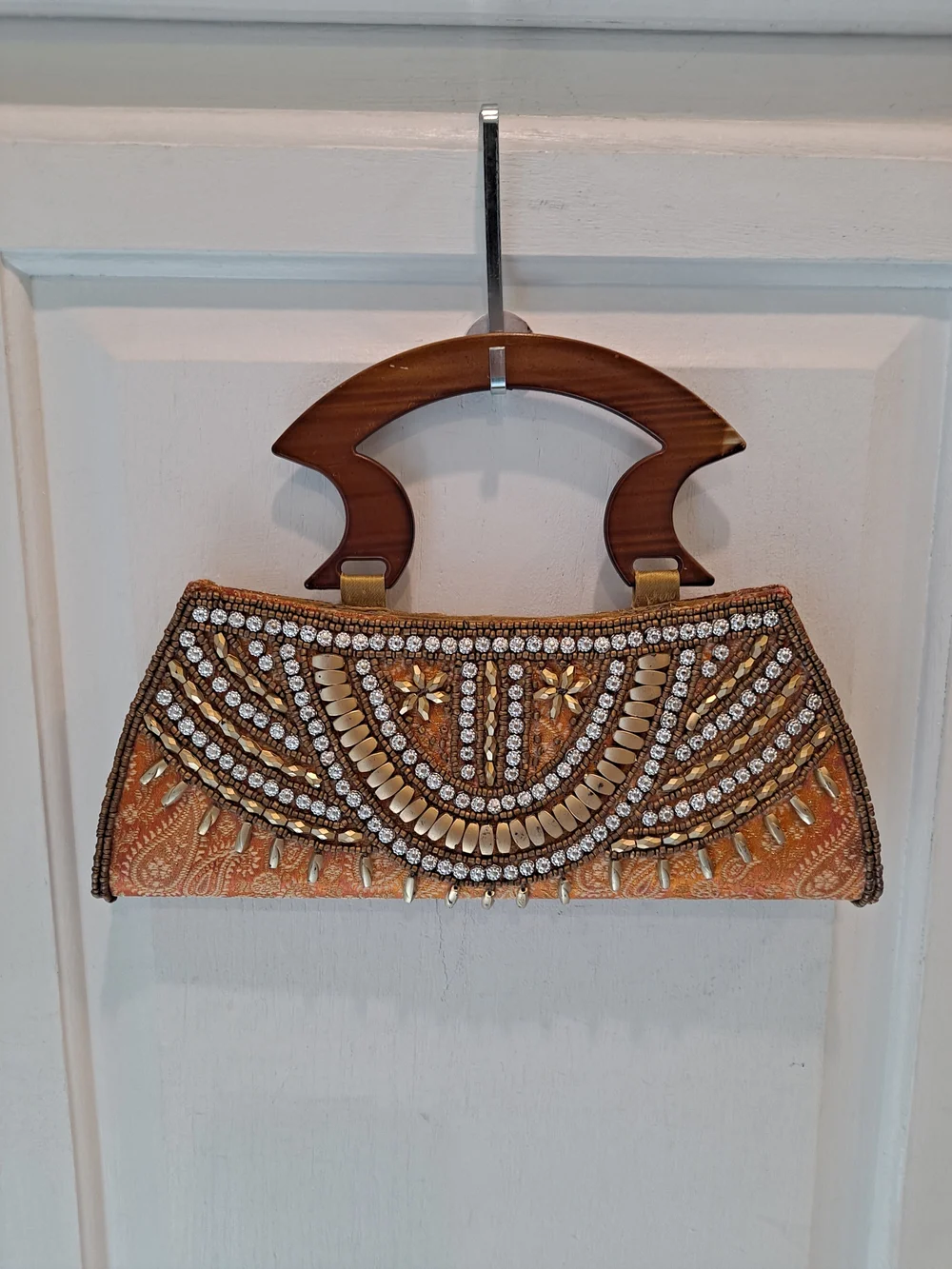Vintage Beaded Silk Like Orange Evening Clutch Art Deco Wooden Handle Boho Bag